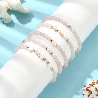 5Pcs 5 Style Natural Rose Quartz & Pearl & Shell Star Beaded Stretch Bracelets Set BJEW-JB09495-01-1