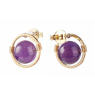 Natural Amethyst Round Beads Stud Earrings for Girl Women X-EJEW-JE04666-02-1