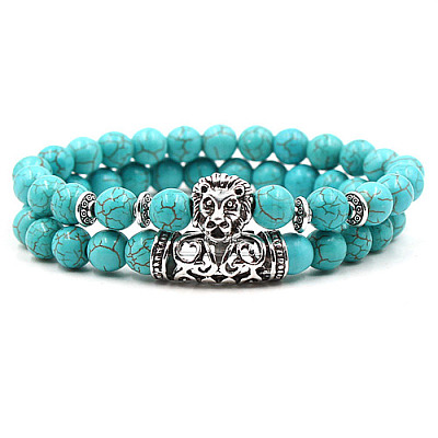 2Pcs Synthetic Turquoise Stretch Bracelet Sets for Women Men IX3190-3-1