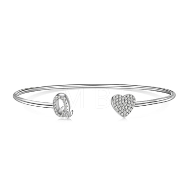 Anti-Tarnish Heart & Letter Rhodium Plated 925 Sterling Silver Micro Pave Cubic Zirconia Cuff Bangles for Women BJEW-C062-01Q-P-1