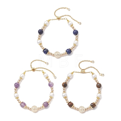 Round Brass & Shell Pearl & Synthetic Hematite & Natural Amethyst/Natural Tiger Eye/Natural Lapis Lazuli Beads Slider Bracelets for Women BJEW-JB12940-1