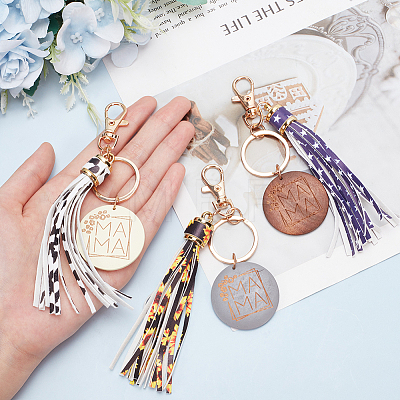 WADORN 3Pcs 3 Colors PU Leather Tassel Big Pendant Decorations with Wooden Mama Charm HJEW-WR0001-03-1