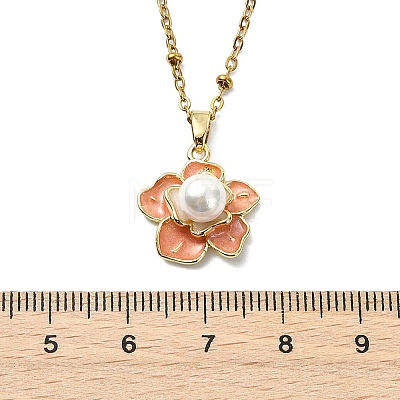 Brass Enamel & Shell Pearl Pink Flower Pendant Satellite Chain Necklaces for Women NJEW-JN06111-1