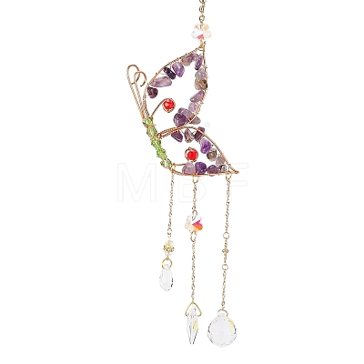 Butterfly Wire Wrapped Brass & Natural Amethyst Chip Pendant Decorations AJEW-Q143-11-1