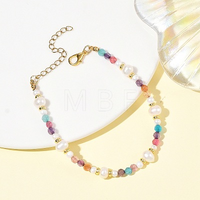 7.5MM Faceted Round Natural Agate(Dyed & Heated) & Natural Freshwater Pearl Beaded Bracelets BJEW-JB14173-1