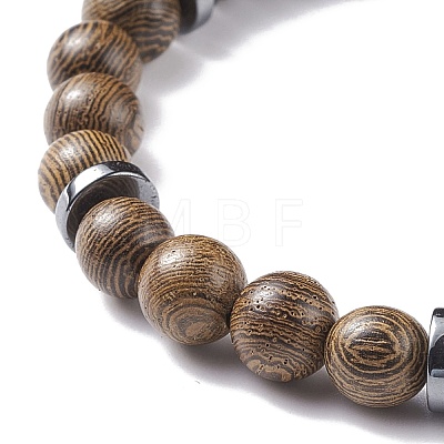 Natural Wood & Synthetic Hematite Stretch Bracelet with Gemstone BJEW-JB08155-1