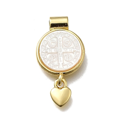 Brass Pave Natural White Shell Flat Round with Heart Pendants KK-C090-37G-06-1