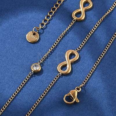 304 Stainless Steel Clear Cubic Zirconia Infinity Link Chain Necklaces for Women NJEW-C069-01G-1