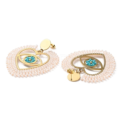Heart with Eye Woven Glass & Brass Beaded Dangle Stud Earrings EJEW-A105-04G-01-1