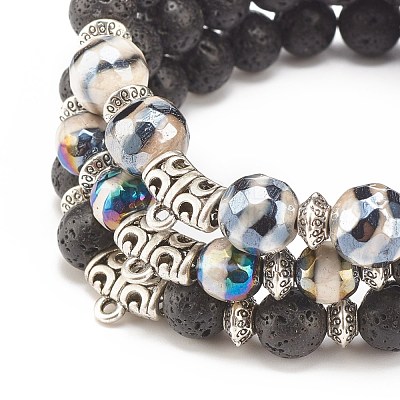 3Pcs 3 Style Natural Lava Rock & Tibetan Agate Stretch Bracelet with Alloy Tube Beaded BJEW-JB08322-1