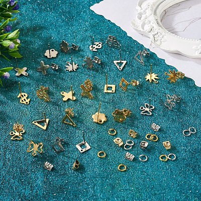 56Pcs 14 Style 201 Stainless Steel Stud Earring Findings with Hole and 304 Stainless Steel Pins and Ear Nuts DIY-SW0001-11-1