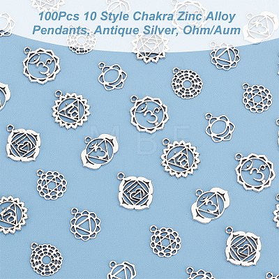   100Pcs 10 Style Chakra Zinc Tibetan Style Alloy Pendants FIND-PH0009-01-1