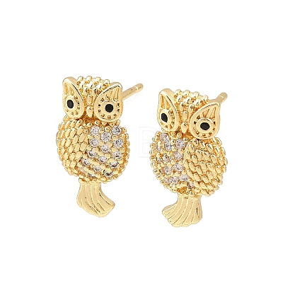 Brass Micro Pave Clear Cubic Zirconia Owl Stud Earrings EJEW-F400-15G-1