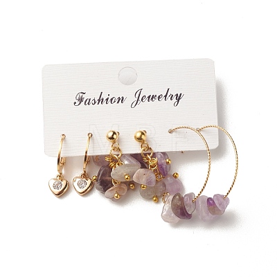 3 Pairs 3 Style Natural Amethyst Chips Beaded Cluster Dangle Stud & Leverback Earrings EJEW-JE04895-04-1