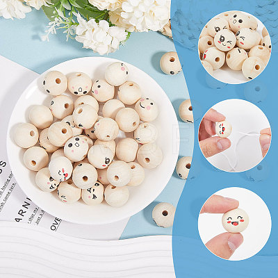 Globleland 60Pcs 6 Styles Unfinished Natural Wood Printed Beads WOOD-GL0001-13A-1