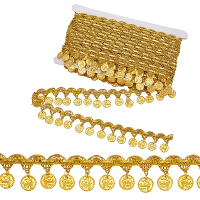 Polyester Braided Metallic Lace Trim with Metal Flat Round Tassel OCOR-WH0082-537B-1