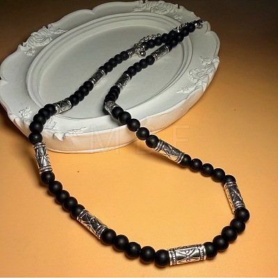 Vintage Frosted 6MM Natural Black Onyx(Dyed & Heated) Round Beaded Necklaces with Alloy Tube for Men KE3601-1