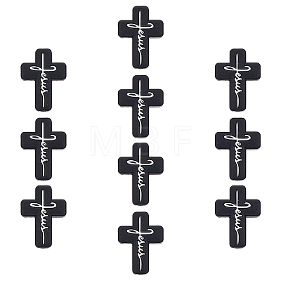 Olycraft 10Pcs Cross with Word Jesus Silicone Beads SIL-OC0001-21-1