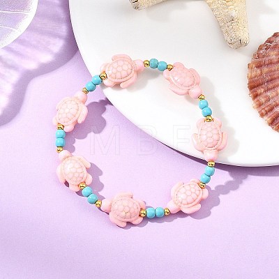 Synthetic Turquoise & Brass Beads Stretch  Bracelets for Women BJEW-JB13876-03-1