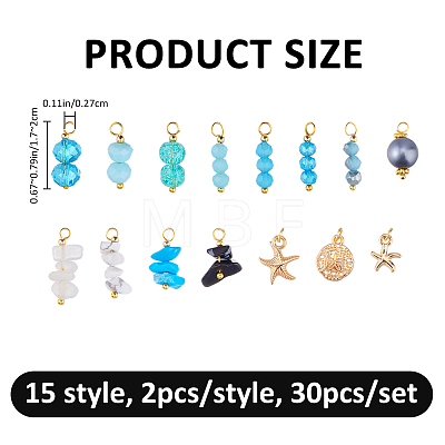 30Pcs 15 Styles Glass & Natural Snowflake Obsidian & Natural Magnesite & Synthetical Howlite & Natural White Jade & Alloy Pendants PALLOY-FH00198-1