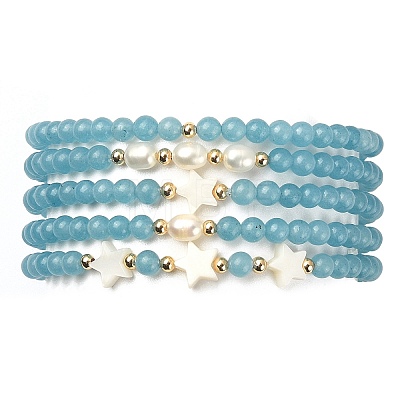 5Pcs 5 Style Natural Dyed White Jade & Pearl & Shell Star Beaded Stretch Bracelets Set BJEW-JB09495-05-1