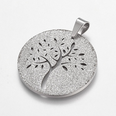 Trendy Flat Round with Tree Necklace Findings 304 Stainless Steel Textured Pendants STAS-L012-D09P-1