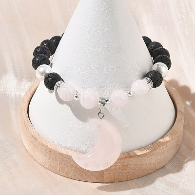 Natural Madagascar Rose Quartz & Lava Rock & Shell Pearl Charm Bracelets BJEW-JB13707-1