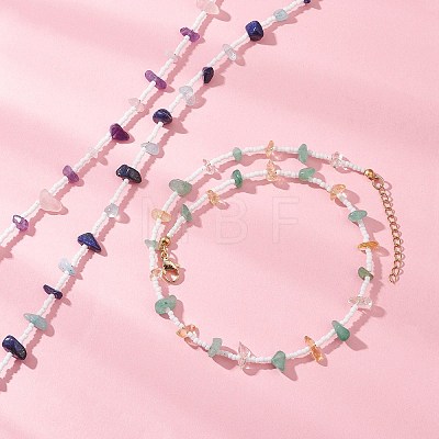 3Pcs 3 Styles Natural Lapis Lazuli & Aquamarine & Amethyst & Rose Quartz & Green Aventurine & Citrine Chip & Glass Seed Baeded Necklaces for Women NJEW-JN05603-1
