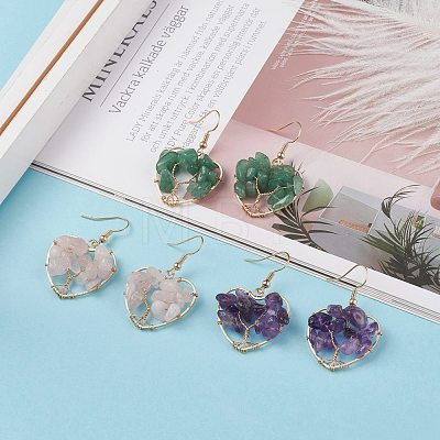 Natural Gemstone Chips Braided Heart with Tree of Life Dangle Earrings EJEW-JE04882-1