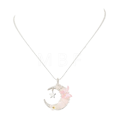 Natural Rose Quartz Wire Wrapped Moon with Acrylic Butterfly Pendant 304 Stainless Steel Ball Chain Necklaces NJEW-TA00266-04-1
