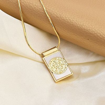 Brass Pave Shell Rectangle Saint Benedict Medal Cross Pendants Necklaces for Women NJEW-Z053-01G-02-1