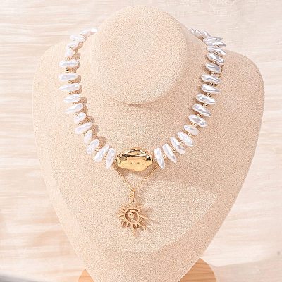 CCB Plastic Sun Pendant Alloy & Imitation Baroque Keshi Pearl Double Layer Necklaces for Women NJEW-Z116-01G-1
