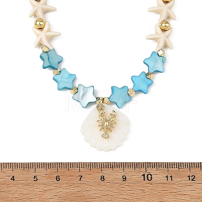 Summer Beach Carved Natural Freshwater Shell and Alloy Shrimp Pendant Starfish Dyed Synthetic Turquoise & Glass Beaded Necklaces for Women NJEW-JN06506-02-1