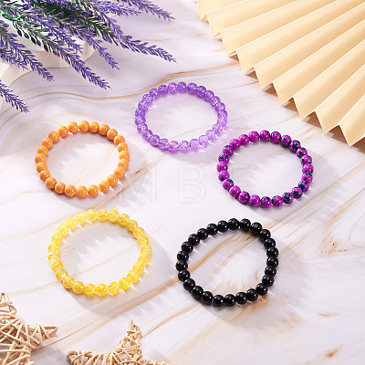 5 Colors Halloween Glass Beads Beaded Stretch Bracelet Sets BJEW-TAC0026-1