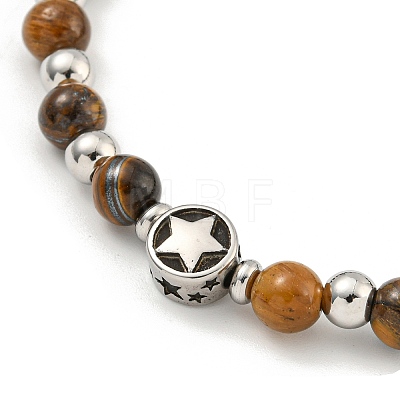 304 Stainless Steel & Natural Tiger Eye Round Beaded Bracelets for Women BJEW-G717-13-1