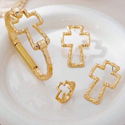 Iron Hammered Hollow Cross Hinge Bangles & Earrings & Rings Sets for Women WGA1E3C-01-1