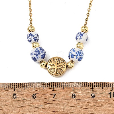 Floral Printed Round Handmade Porcelain & Brass Tree of Life Graduated Beaded Necklaces NJEW-JN06437-1
