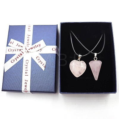 2Pcs 2 Style Heart & Cone Natural Rose Quartz Pendant Necklaces Sets PW-WG47736-01-1