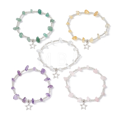 Natural Mixed Gemstone Chip & Iron Beaded Stretch Bracelets BJEW-JB09778-1