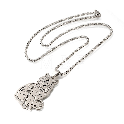 304 Stainless Steel Box Chain Hollow Cute Cat Pendant Necklaces NJEW-S003-09P-1