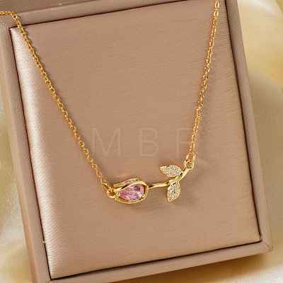 Fashionable Brass Pave Cubic Zirconia Tulip Flower Pendant Necklaces for Women SG6525-4-1