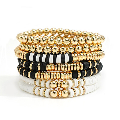Black and white Polymer Clay Heishi Beaded Stretch Bracelet Sets LV4210-1