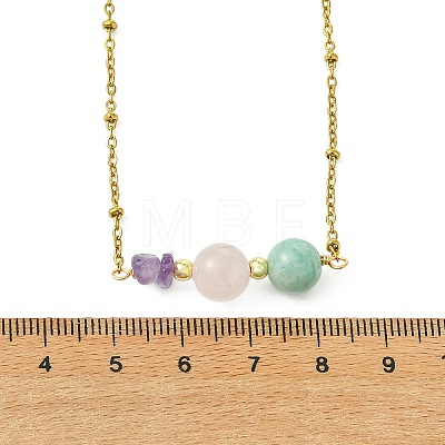 Round Natural Amazonite & Madagascar Rose Quartz & Chip Natural Amethyst Beaded Pendant 304 Stainless Steel Satellite Chain Necklaces for Women NJEW-JN06158-02-1