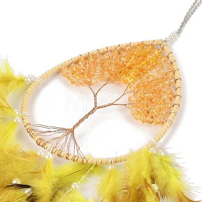 Wire Wrapped Natural Yellow Quartz Chip Teardrop with Tree of Life Wind Chime HJEW-K067-09P-05-1