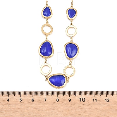 304 Stainless Steel Blue Glass Teardrop Ring Link Chian Necklaces for Women NJEW-D326-03G-1