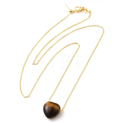 Natural Tiger Eye Heart Pendant Necklace with Golden Alloy Cable Chains NJEW-G116-01B-1