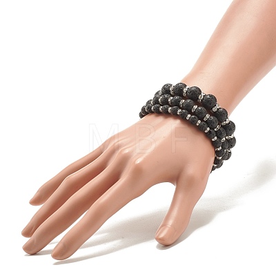 3Pcs 3 Size Natural Lava Rock Stretch Bracelets Set with Crystal Rhinestone Beads BJEW-JB08191-1