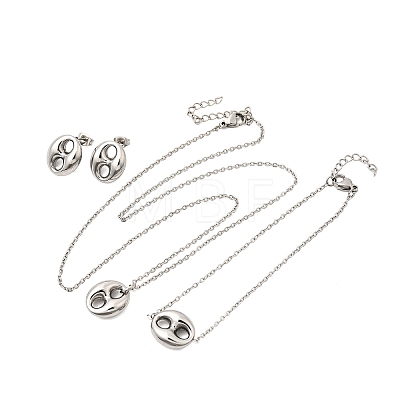 304 Stainless Steel Oval Pendant Necklaces & Bracelets & Stud Earrings Sets SJEW-P008-02P-1