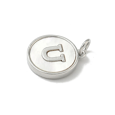 Brass Pave Natural Shell Flat Round with Letter Charms KK-Z115-13P-U-1