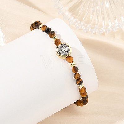 Religion Natural Tiger Eye Beaded Stretch Bracelets with Brass Flat Round with Cross Beads BJEW-JB14360-03-1